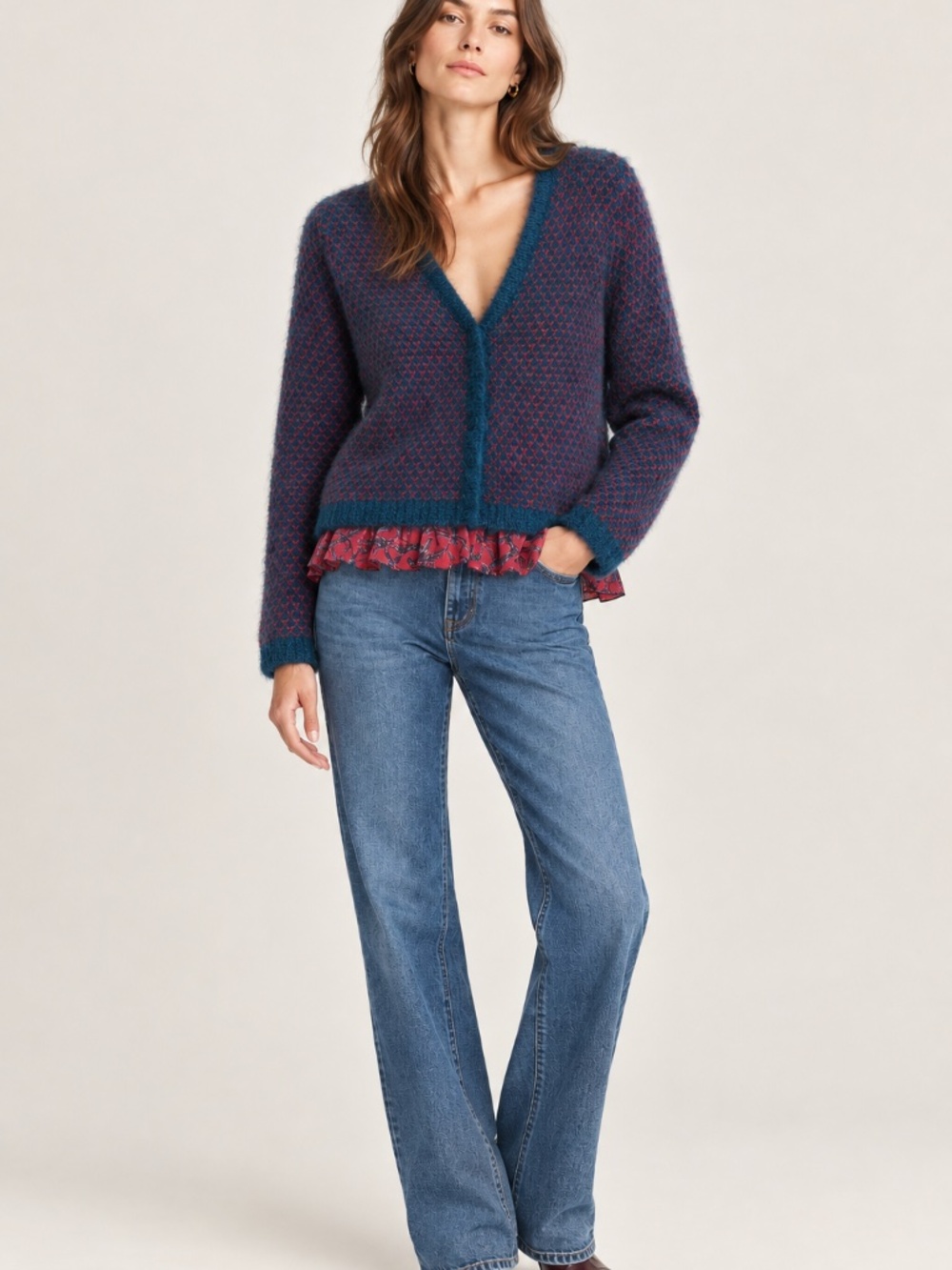 L'Autre Chose fuzzy Mohair-Blend Knit  teal blue/red cardigan Size M NWOT Italy